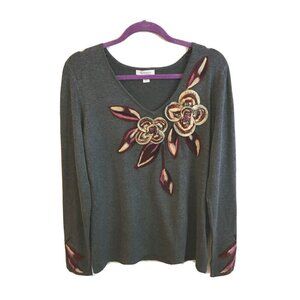 Boston Proper Gray Sweater Size Medium LS Felted & Sequins V Neck